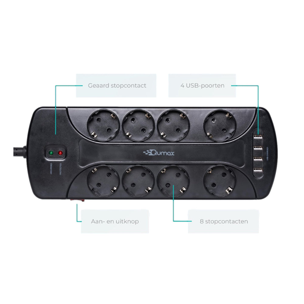 Qumax Stekkerdoos met USB-poorten en schakelaar – 4 USB laders 3.4A 8 stopcontacten