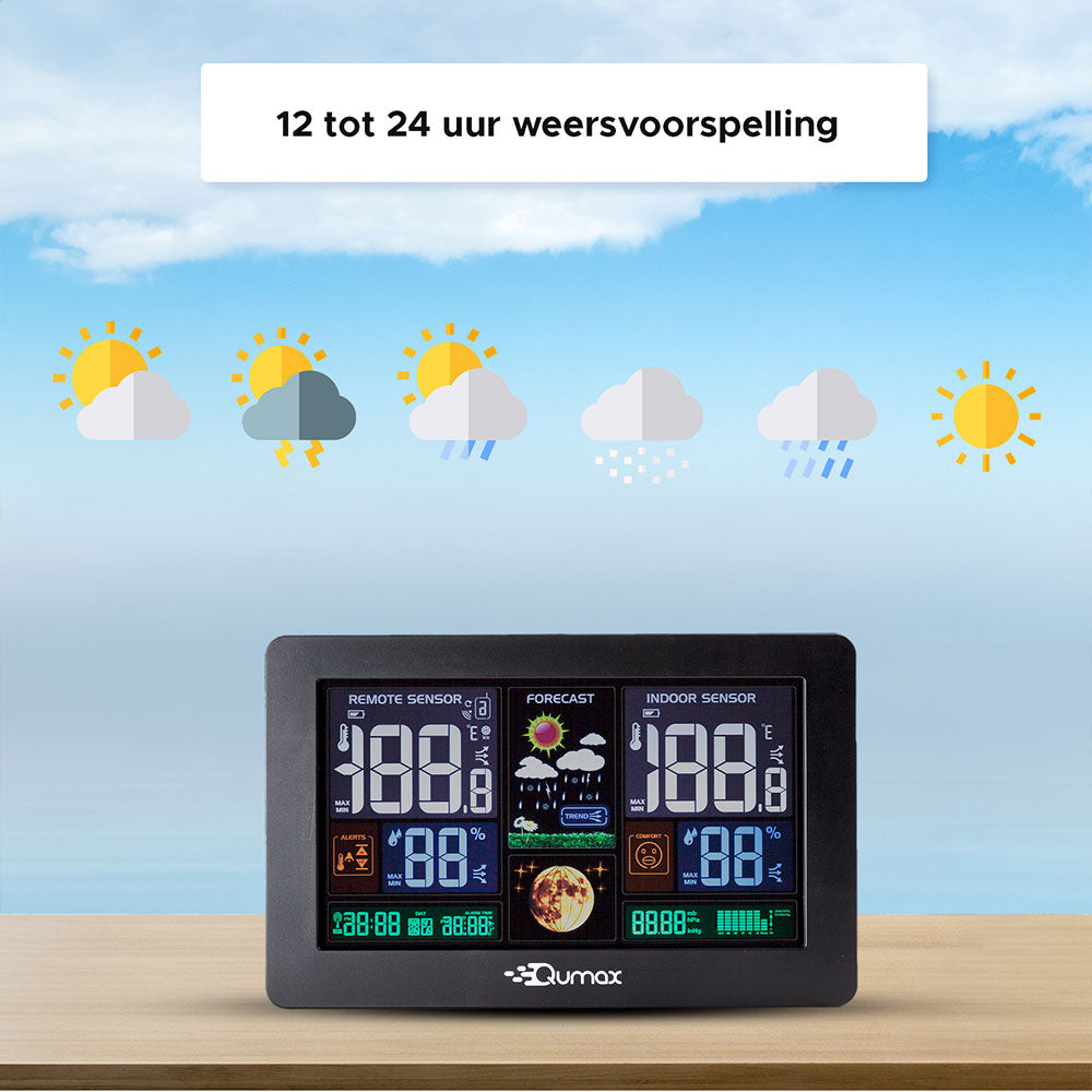 Qumax Weerstation binnen en buiten - Draadloos weerstation met Buitensensor tot 60 meter bereik - Waterdicht