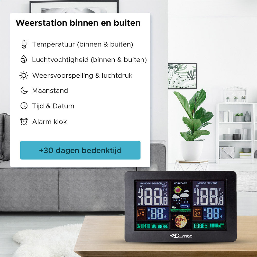 Qumax Weerstation binnen en buiten - Draadloos weerstation met Buitensensor tot 60 meter bereik - Waterdicht