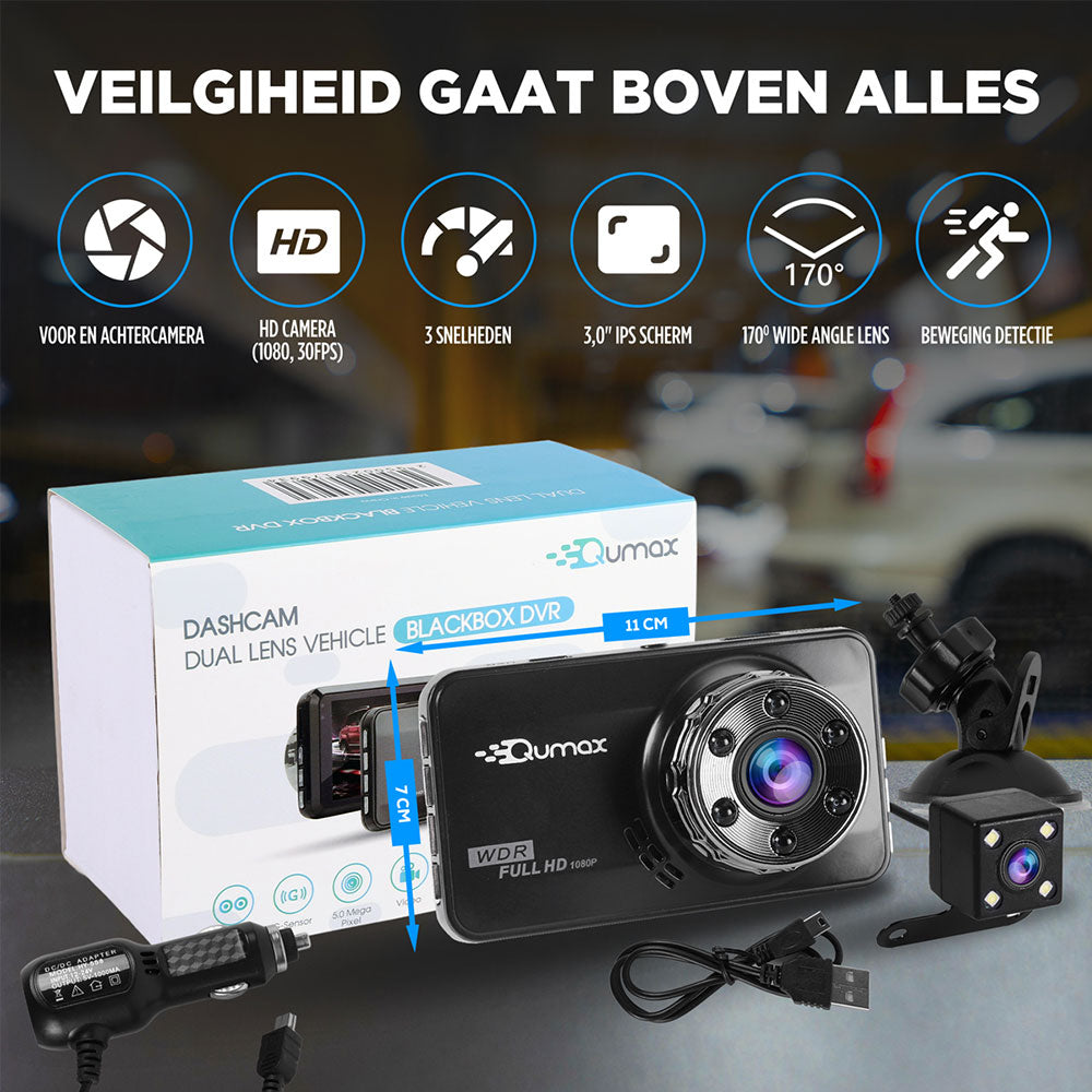 Qumax Dashcam voor auto – Voor en Achter Camera – Full HD – Parkeerstand met ingebouwde G-sensor