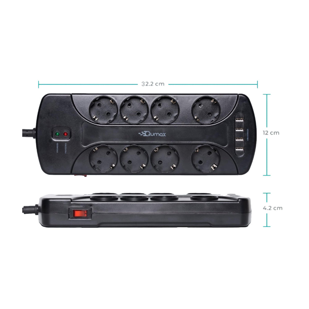 Qumax Stekkerdoos met USB-poorten en schakelaar – 4 USB laders 3.4A 8 stopcontacten