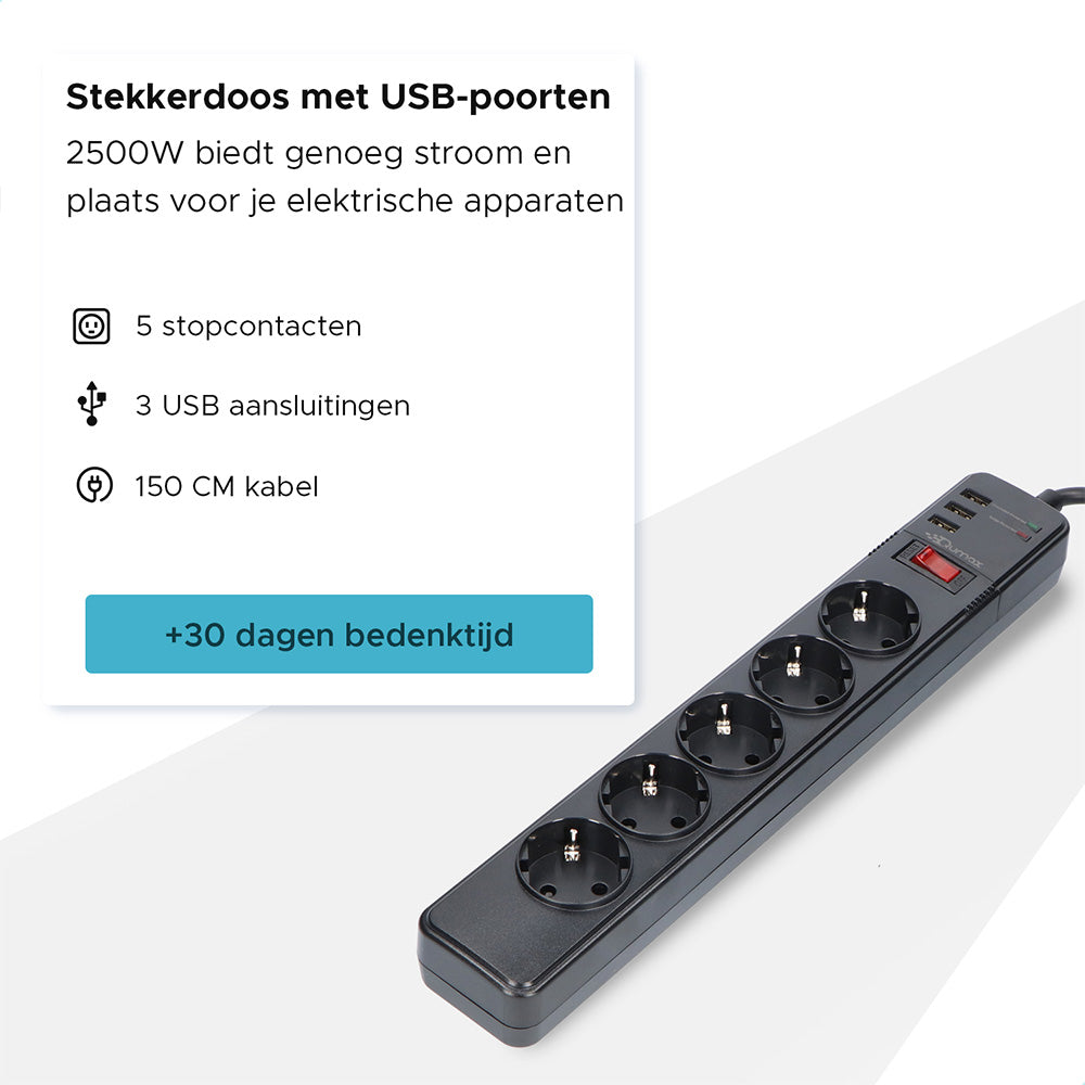 Qumax Stekkerdoos met USB Poorten en Schakelaar - 5 Stopcontacten 3 USB Laders